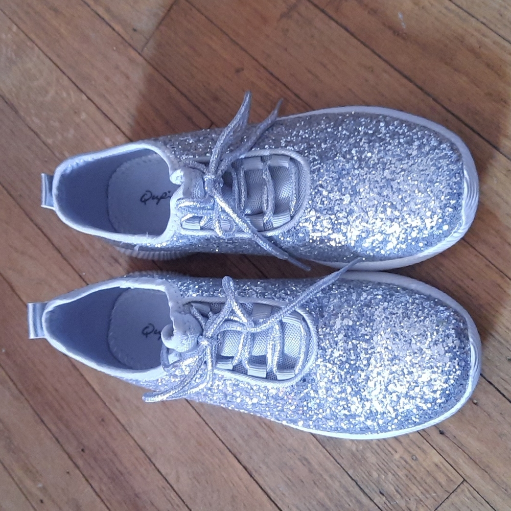 Silver Glitter Tennis Shoes. Like new, worn once!